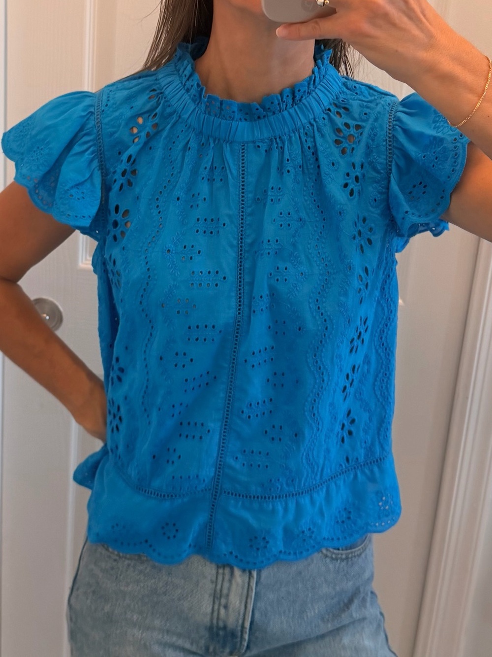 Bright Blue Eyelet Ruffle-Sleeve Blouse